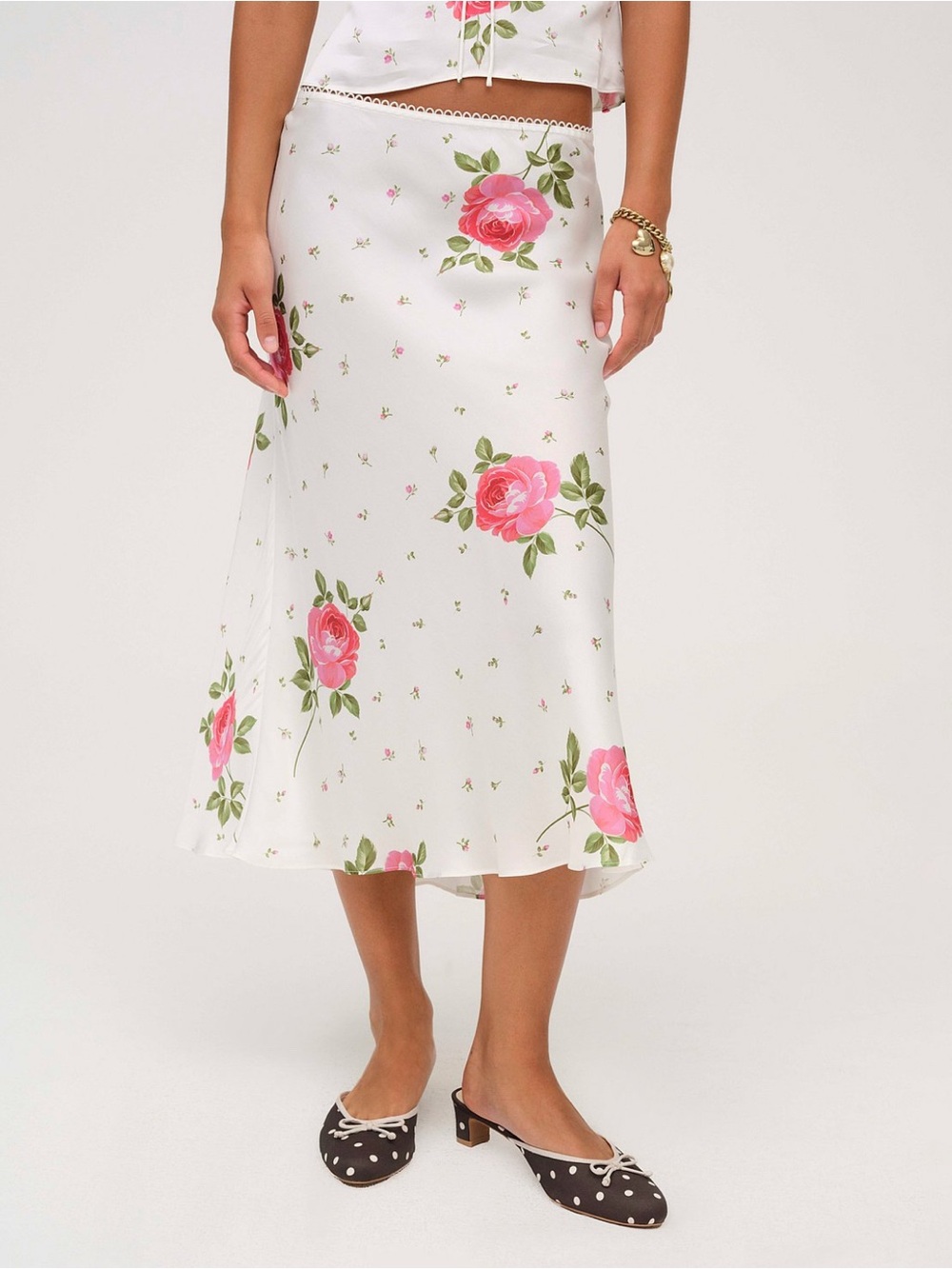 NWT (M) For Love & Lemons Rosebud Satin Midi Skirt